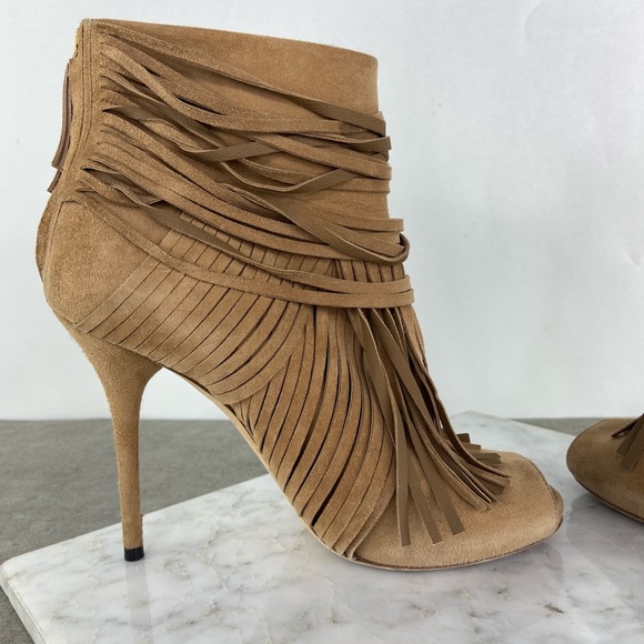 Gucci Tan Suede Fringe Open Toe Heeled Booties - Picture 8 of 12